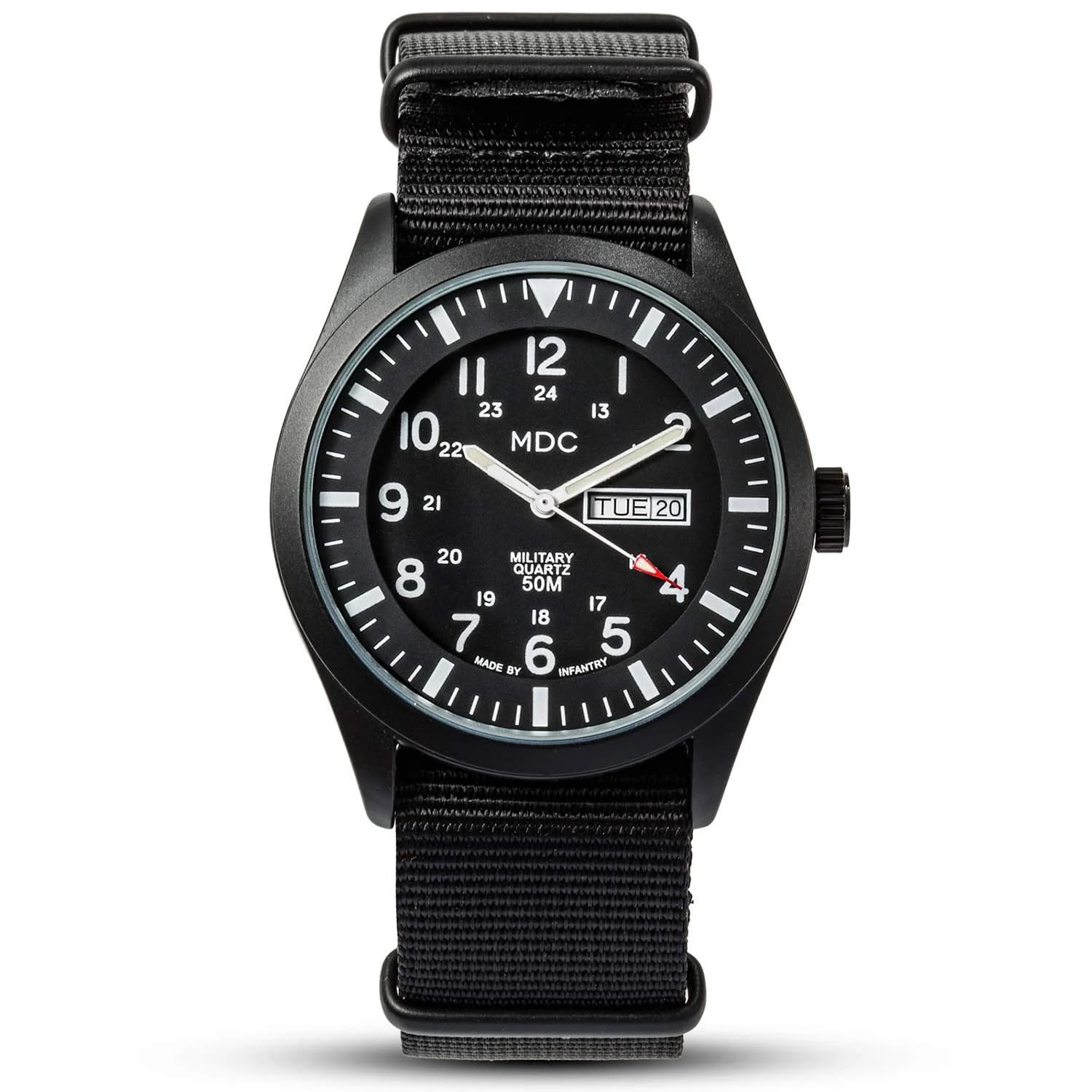 Infantry MDC Mens Military Field Watch 40mm (1.57in) | Stealth Black Nylon Band, 12/24H Time, Day-Date - main product image