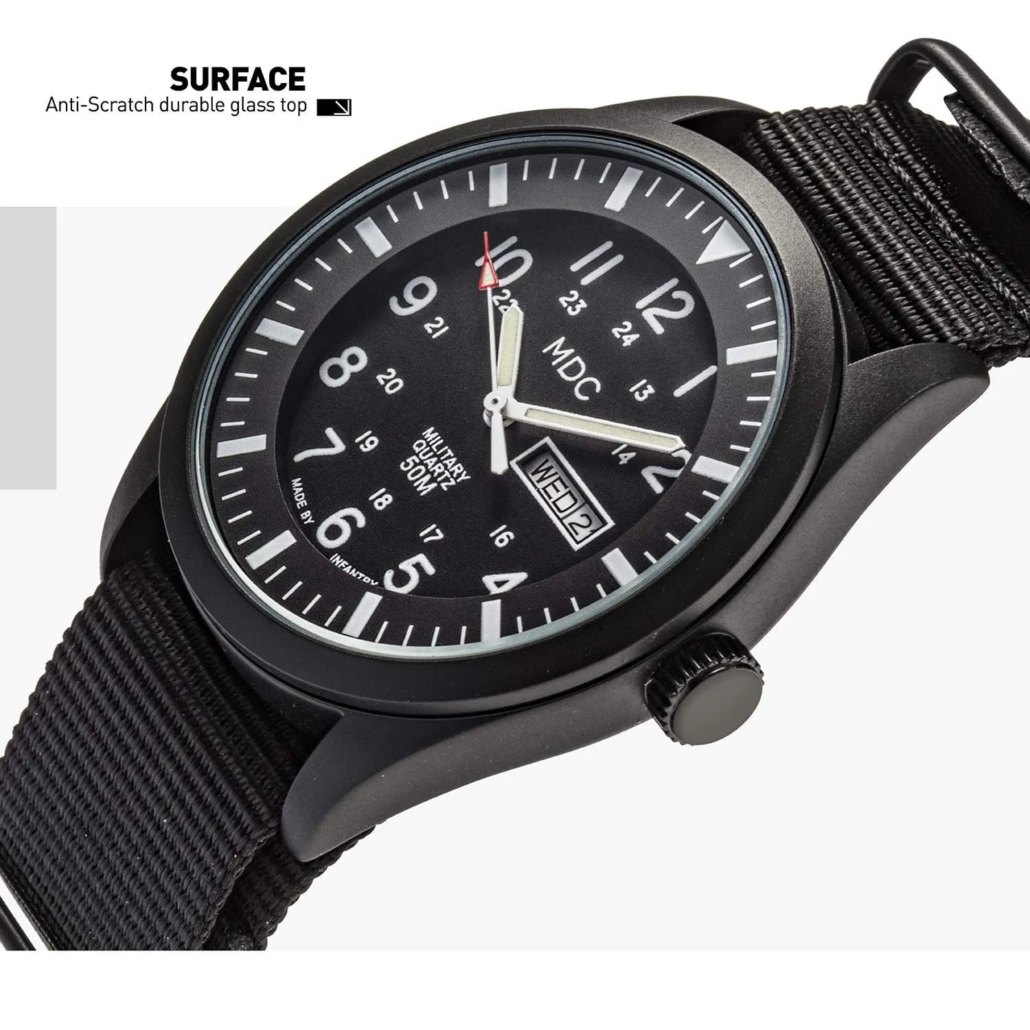 Infantry MDC Mens Military Field Watch 40mm (1.57in) | Stealth Black Nylon Band, 12/24H Time, Day-Date - view 6