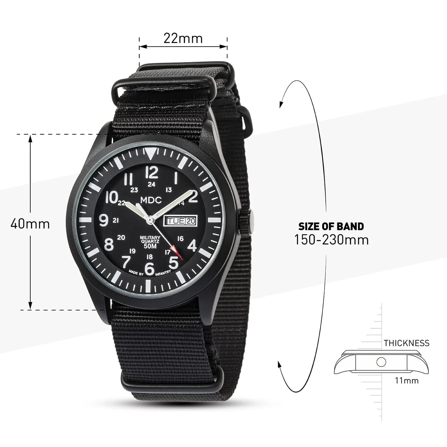 Infantry MDC Mens Military Field Watch 40mm (1.57in) | Stealth Black Nylon Band, 12/24H Time, Day-Date - view 8