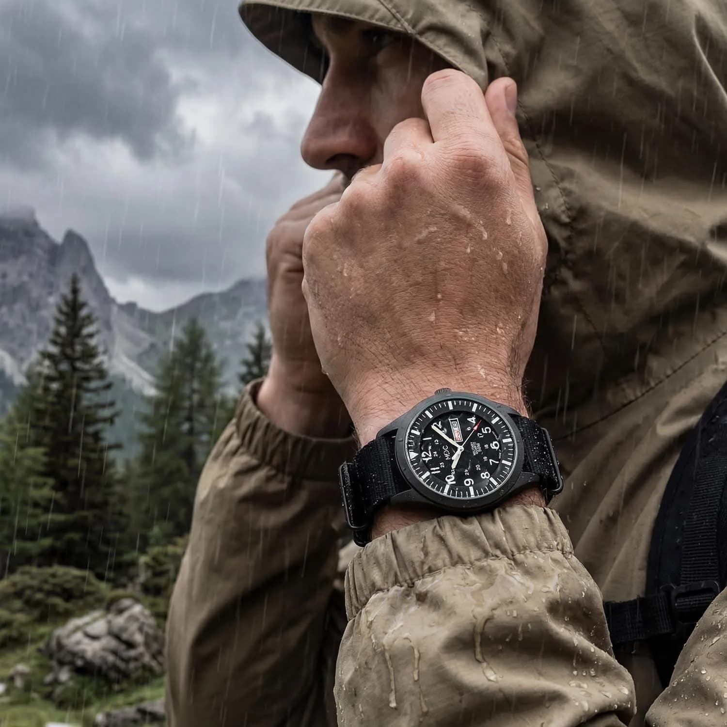 Infantry MDC Mens Military Field Watch 40mm (1.57in) | Stealth Black Nylon Band, 12/24H Time, Day-Date - view 4