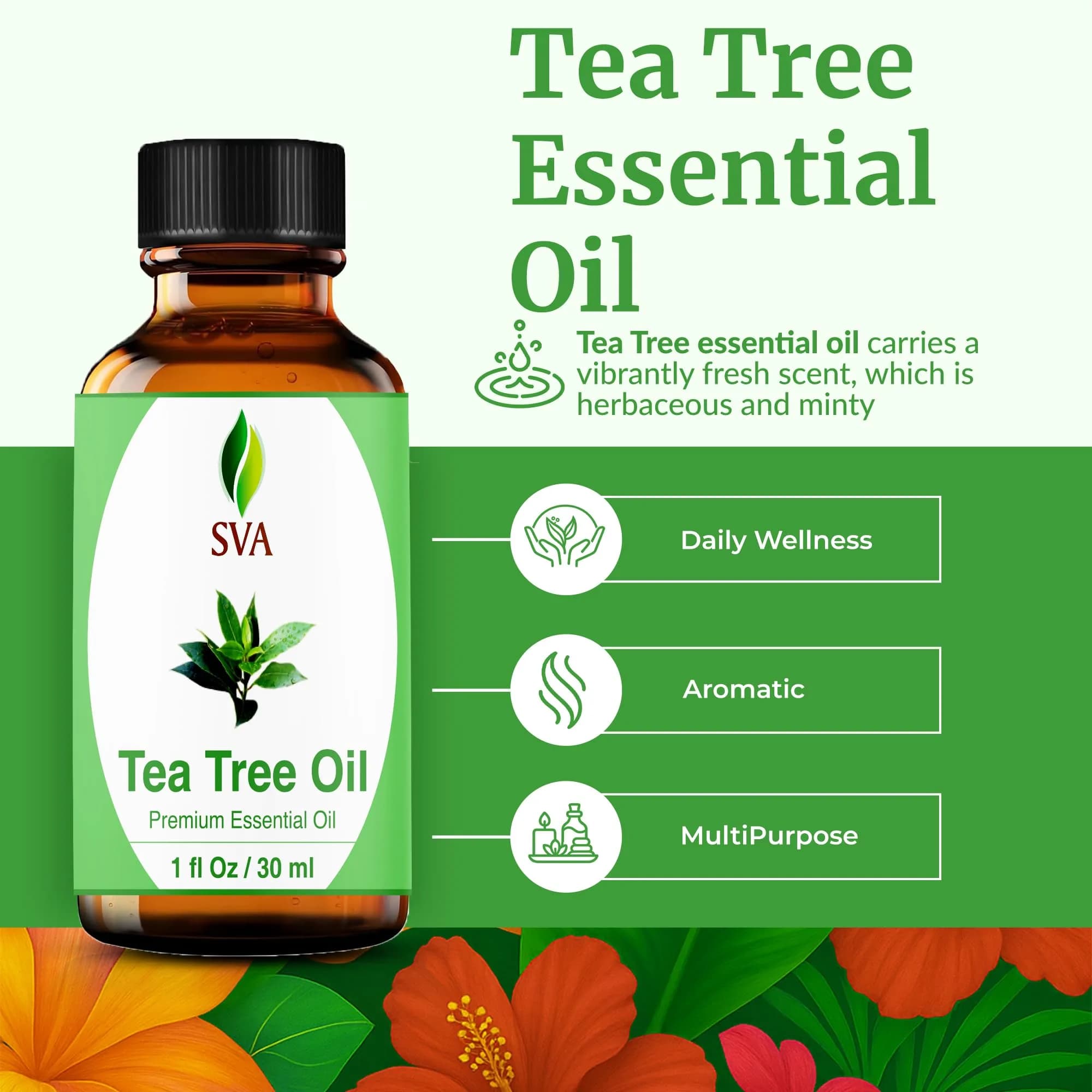 SVA ORGANICS Tea Tree Essential Oil 30 ml (1 Fl Oz) | Pure & Potent for Skin, Hair, and Diffuser - view 2