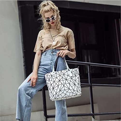 Ulalaza Geometric Lattice Top-handle Handbag for Women 12" x 5" x 10" | Waterproof Faux Leather thumbnail 2