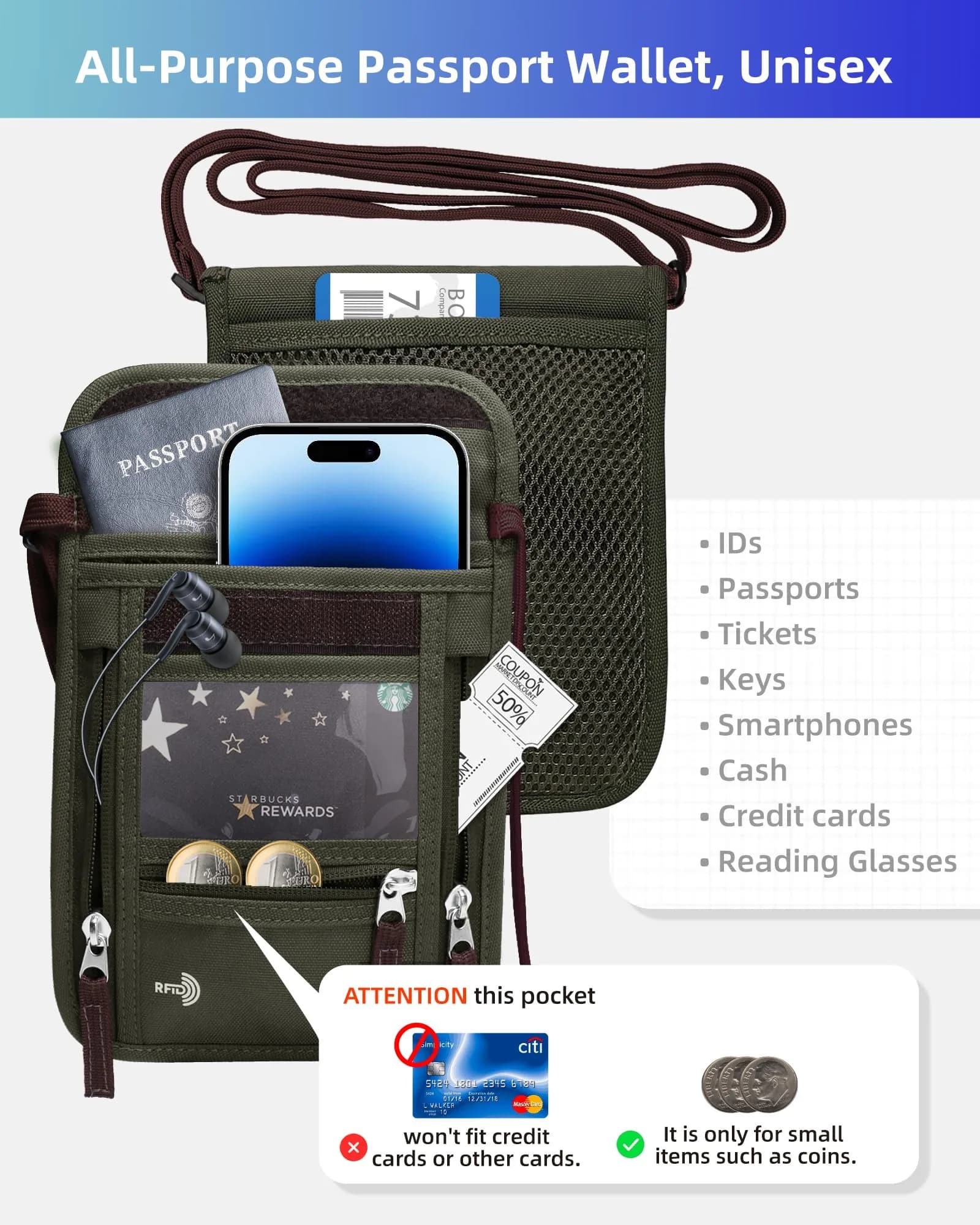 WALNEW Army Green RFID Blocking Passport Holder Neck Pouch - Secure Travel Wallet for Men & Women - view 5