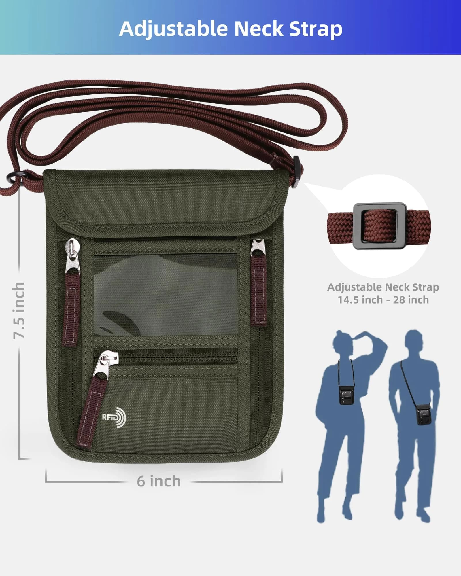 WALNEW Army Green RFID Blocking Passport Holder Neck Pouch - Secure Travel Wallet for Men & Women - view 2