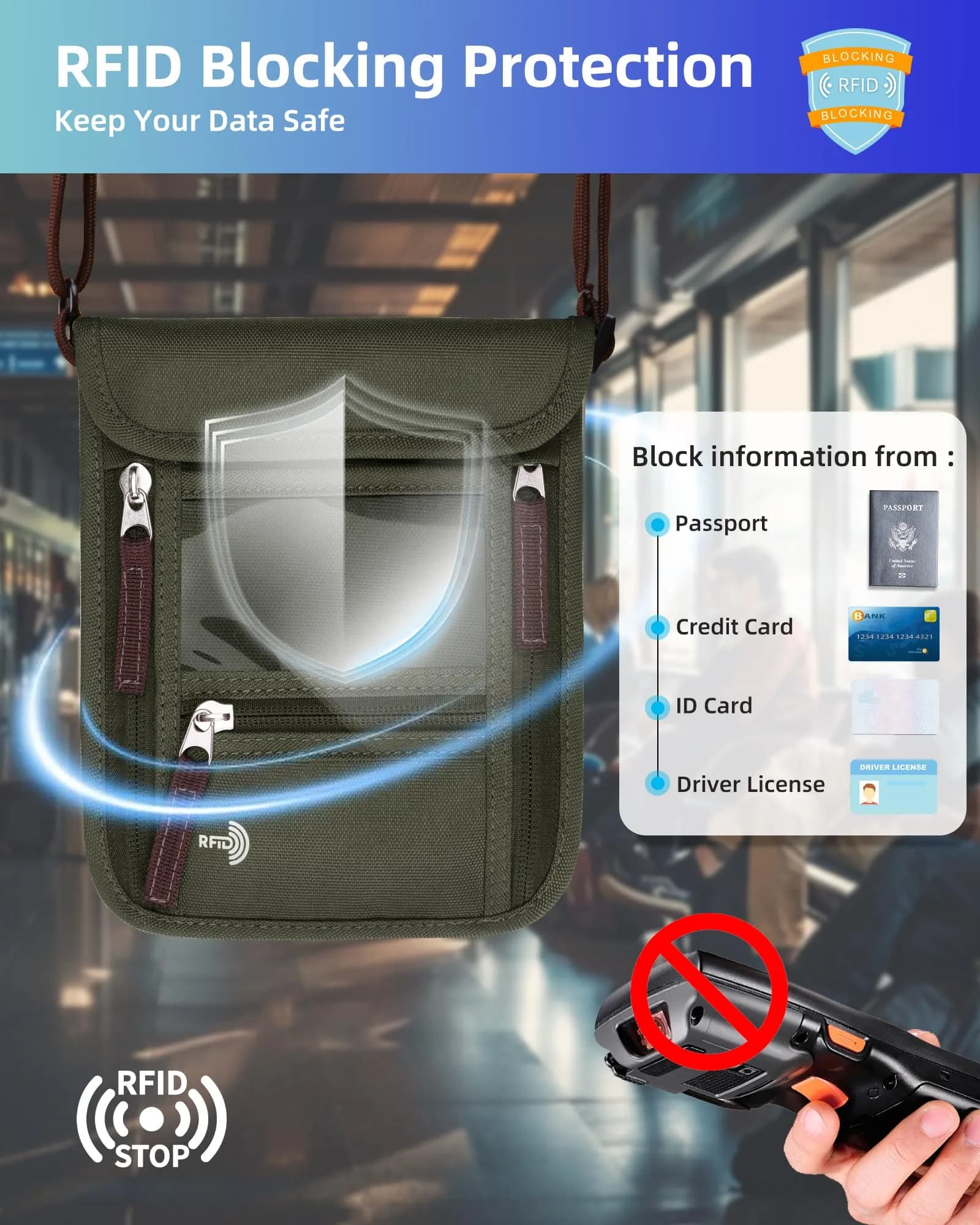 WALNEW Army Green RFID Blocking Passport Holder Neck Pouch - Secure Travel Wallet for Men & Women - view 3