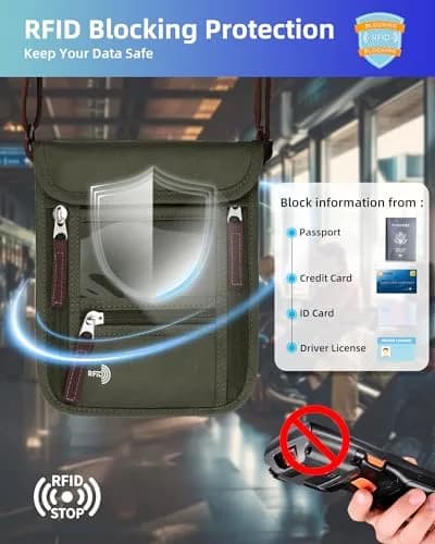 WALNEW RFID Blocking Passport Holder Neck Pouch 19cm (7.5in) | Secure Travel Wallet for Men & Women thumbnail 3