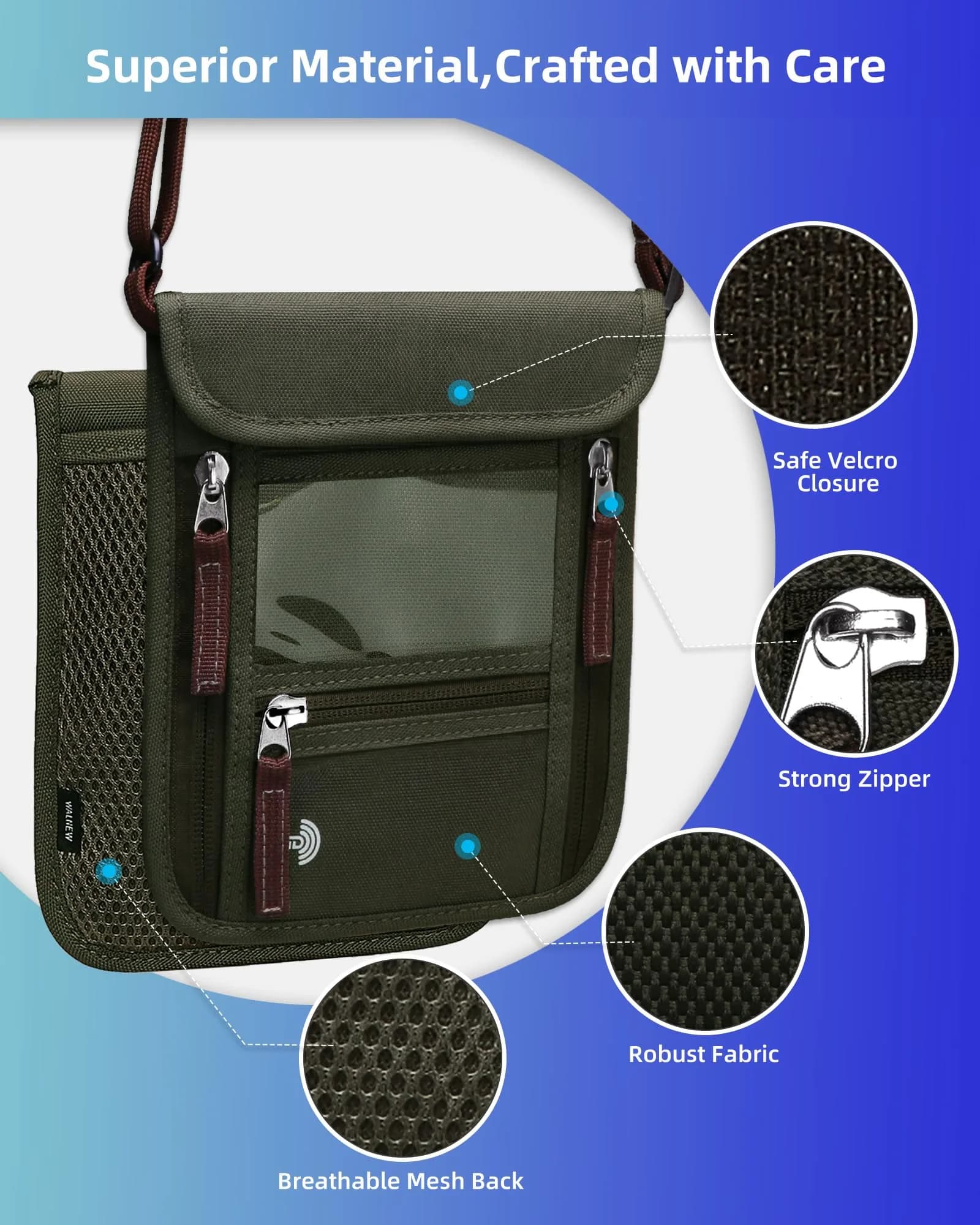 WALNEW Army Green RFID Blocking Passport Holder Neck Pouch - Secure Travel Wallet for Men & Women - view 4