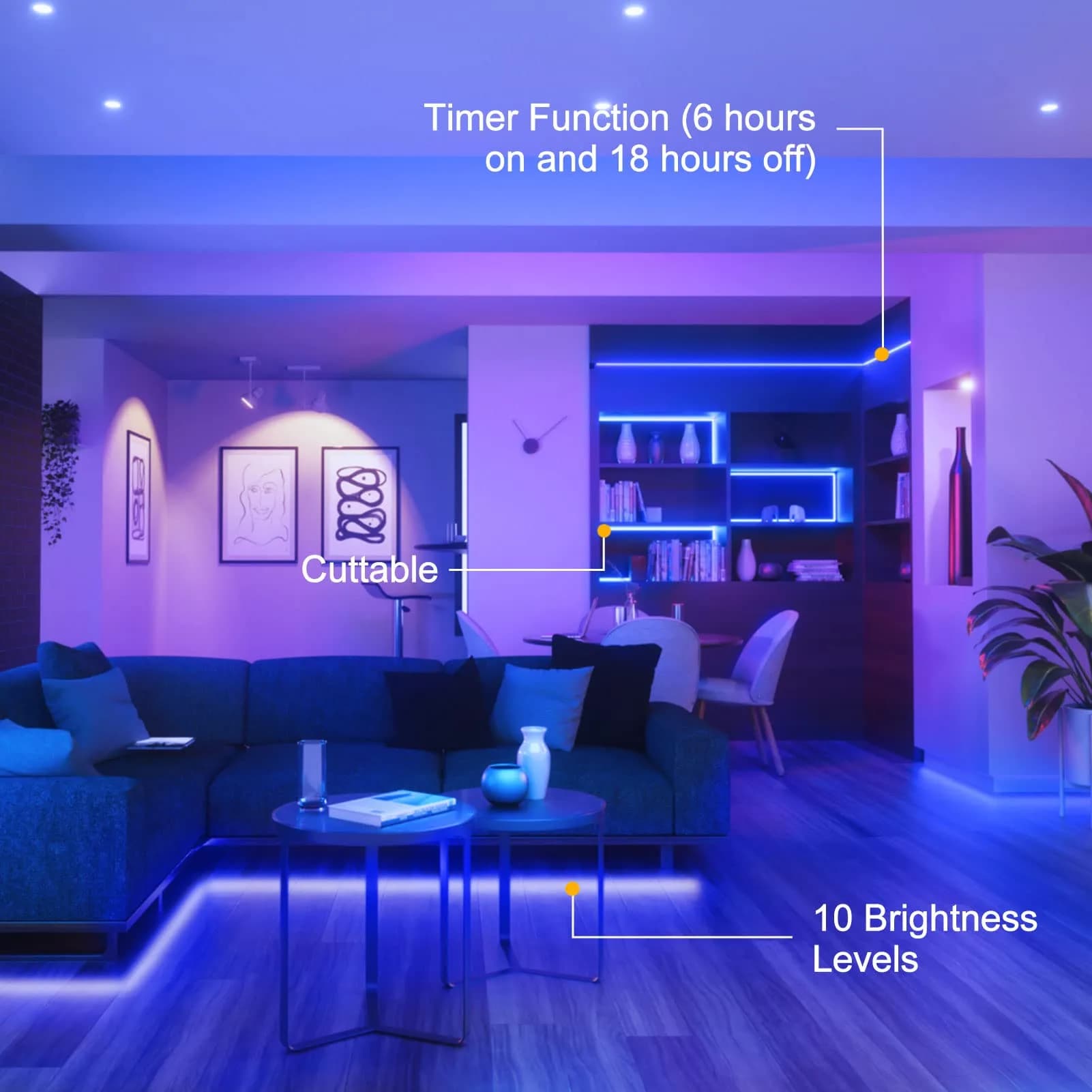 echosari Blue LED Strip Lights, Battery Operated with Remote, 9.8ft (3m) 90LED - view 4