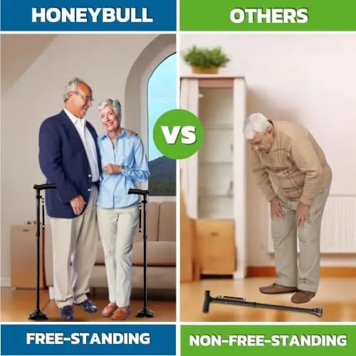 HONEYBULL Black Foldable Walking Cane with Free Standing Pivot Base | Adjustable Height 76-91cm (30"-36") thumbnail 4