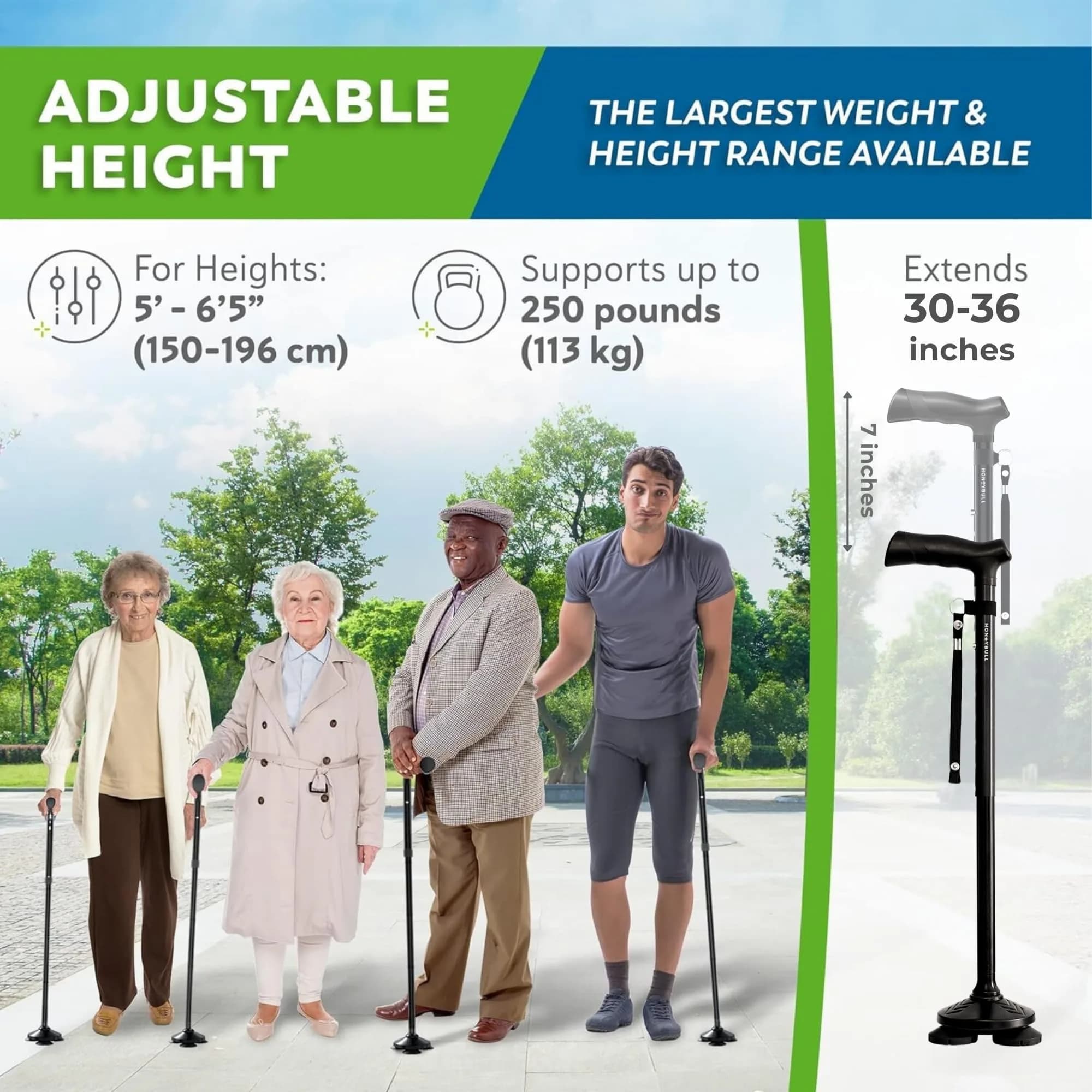 HONEYBULL Black Foldable Walking Cane with Free Standing Pivot Base | Adjustable Height 76-91cm (30"-36") - view 6