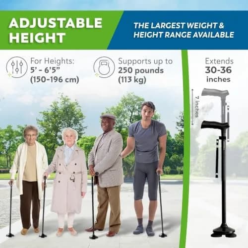 HONEYBULL Black Foldable Walking Cane with Free Standing Pivot Base | Adjustable Height 76-91cm (30"-36") thumbnail 6