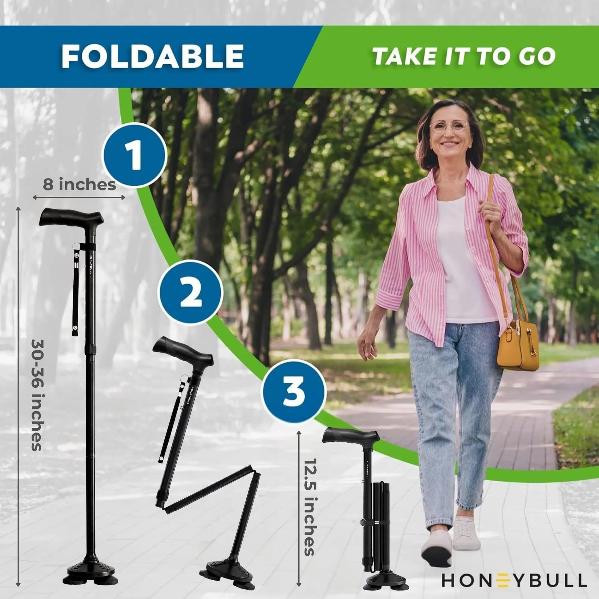 HONEYBULL Black Foldable Walking Cane with Free Standing Pivot Base | Adjustable Height 76-91cm (30"-36") - view 7