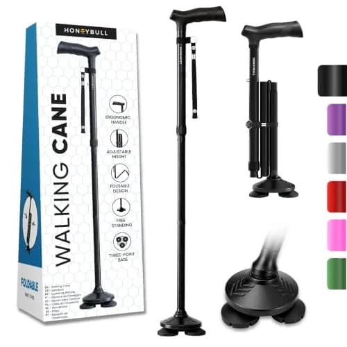 HONEYBULL Black Foldable Walking Cane with Free Standing Pivot Base | Adjustable Height 76-91cm (30"-36") thumbnail 1