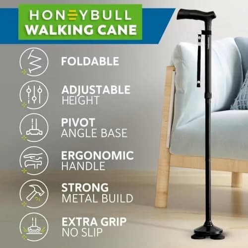 HONEYBULL Black Foldable Walking Cane with Free Standing Pivot Base | Adjustable Height 76-91cm (30"-36") thumbnail 2