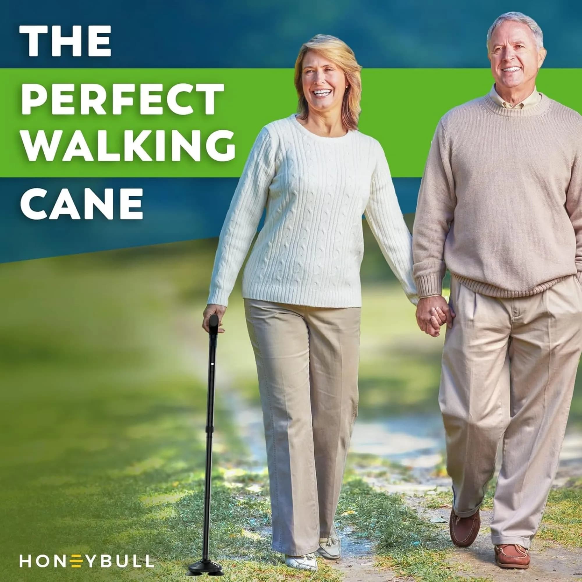 HONEYBULL Black Foldable Walking Cane with Free Standing Pivot Base | Adjustable Height 76-91cm (30"-36") - view 3