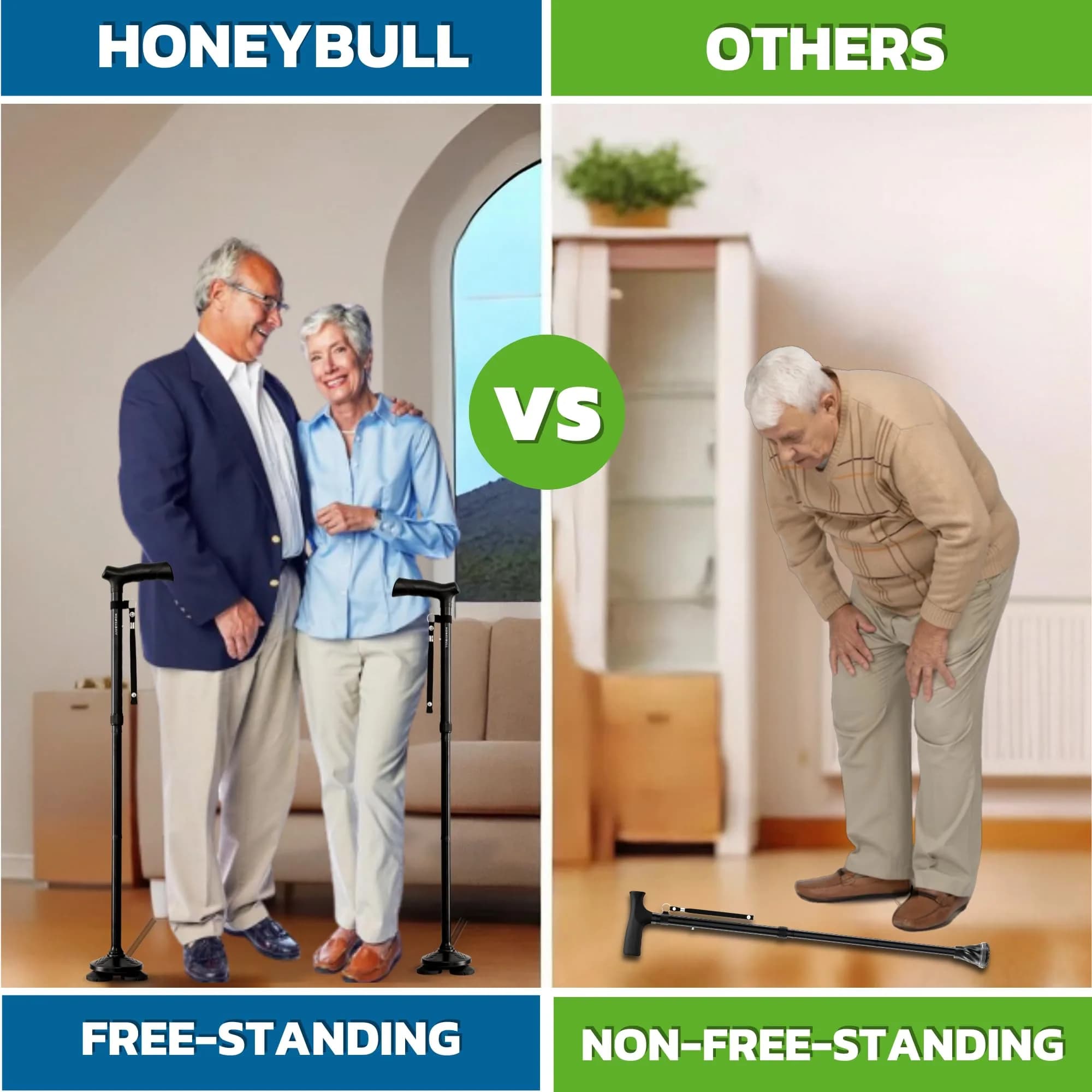 HONEYBULL Black Foldable Walking Cane with Free Standing Pivot Base | Adjustable Height 76-91cm (30"-36") - view 4