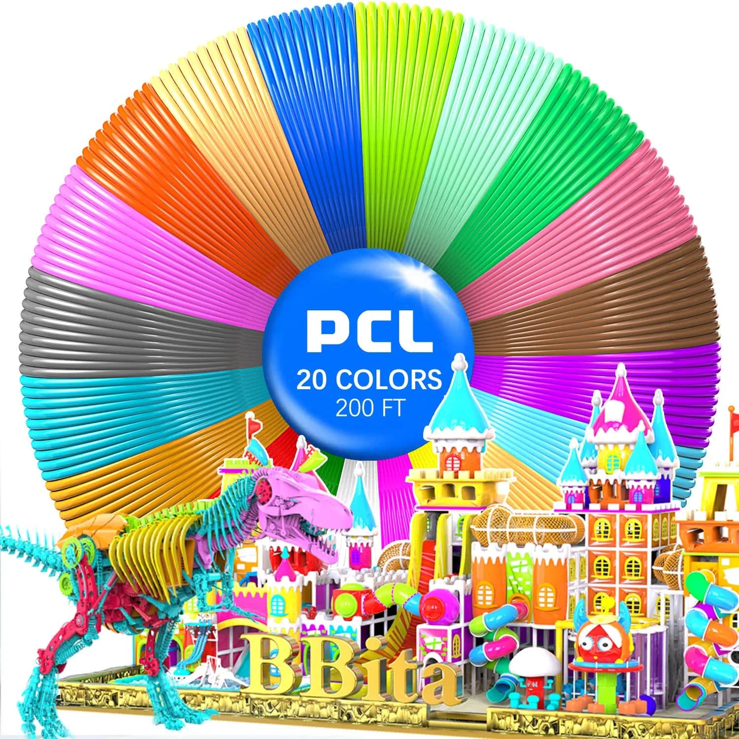 BBita 3D Printing Pen PCL Filament Refills 1.75mm | 20 Colors, 70℃ Low Melting Temp, Non-Toxic, 200 FT