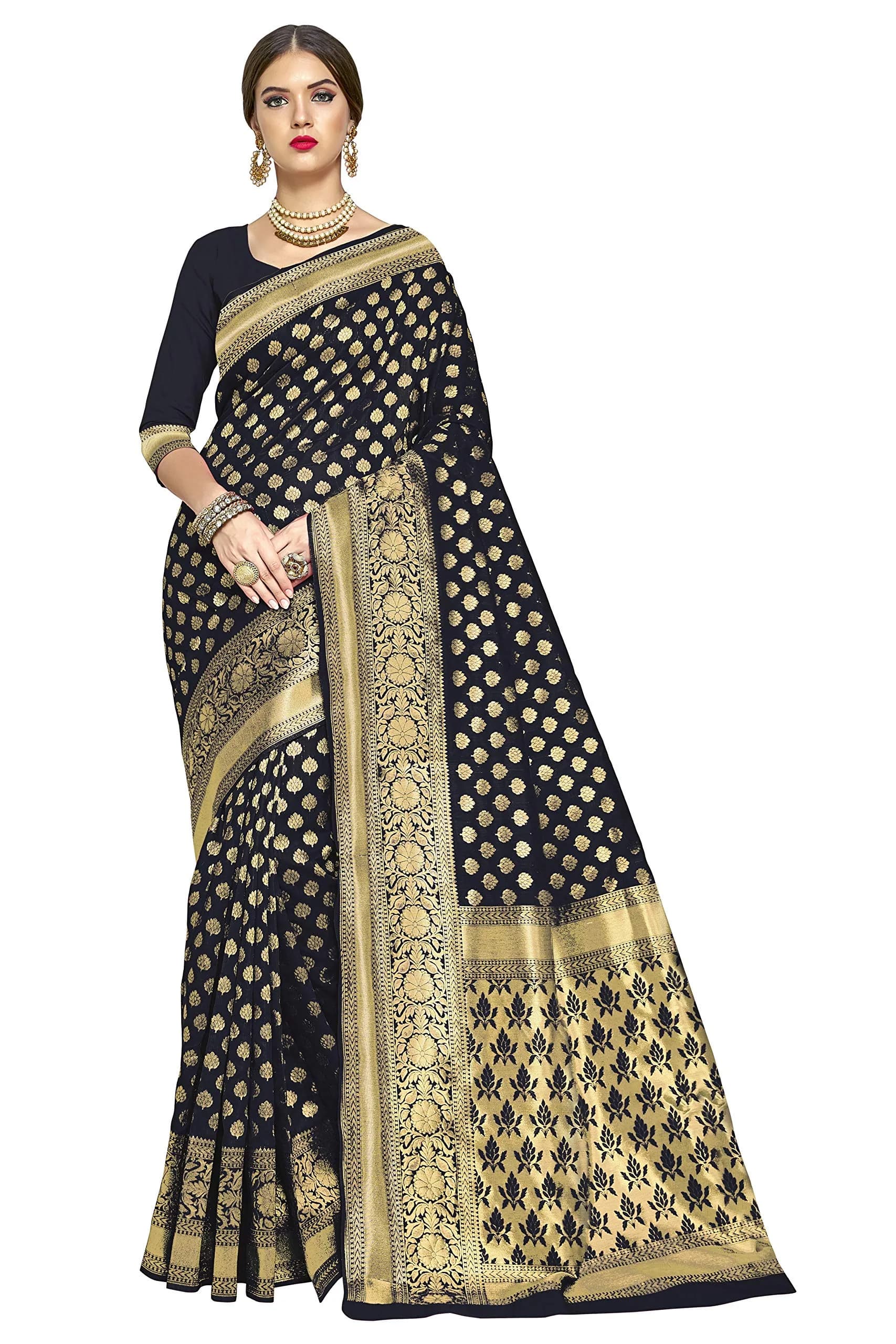 GLORY SAREES Women's Kanchipuram Art Silk Saree | Black Free Size, Elegant Festive Wear — Black