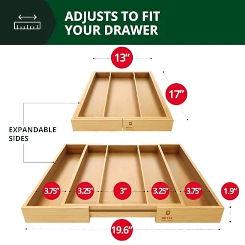 ROYAL CRAFT WOOD Luxury Bamboo Kitchen Drawer Organizer - Silverware Tray 5 Slot | Natural, Expandable & Water-Resistant thumbnail 2