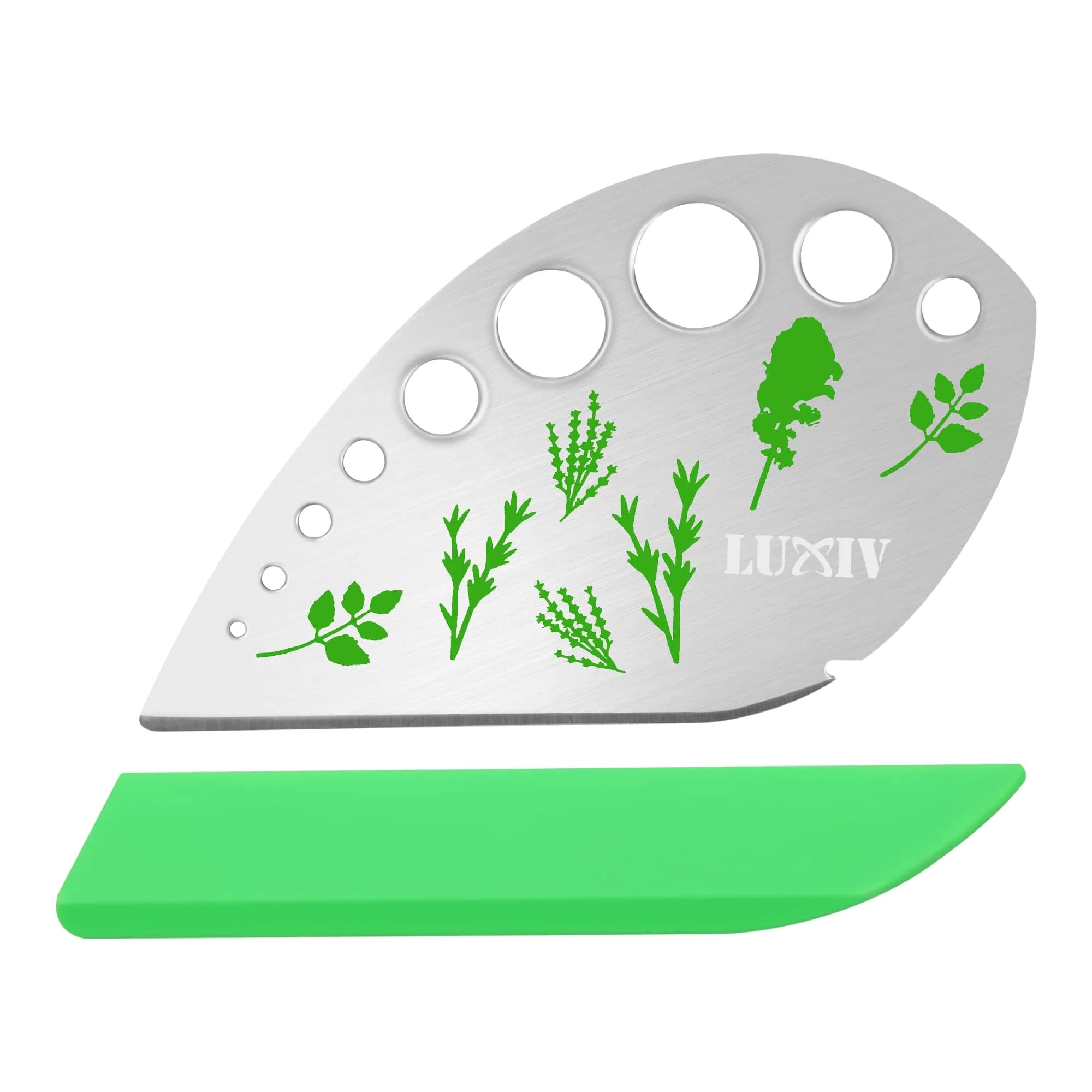 Luxiv Herb Stripper Tool Stainless Steel 9-Hole Leaf Peeler with Knife & Cover | 2 in 1 Cutting & Stripping for Kale, Chard, Basil, Thyme, Rosemary — Green