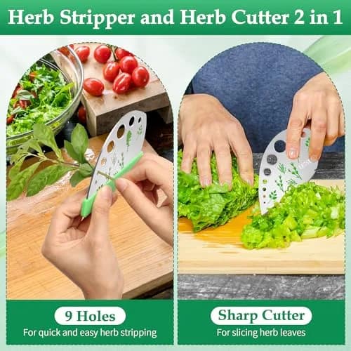 Luxiv Herb Stripper Tool Stainless Steel 9-Hole Leaf Peeler with Knife & Cover | 2 in 1 Cutting & Stripping for Kale, Chard, Basil, Thyme, Rosemary thumbnail 4
