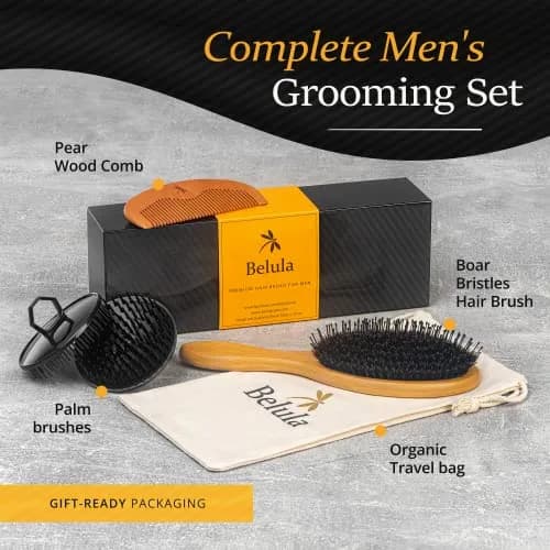 Belula Men's Hair Grooming Set, Boar Bristle & Nylon Brush, Comb, Bag | Natural Conditioning & Styling thumbnail 6