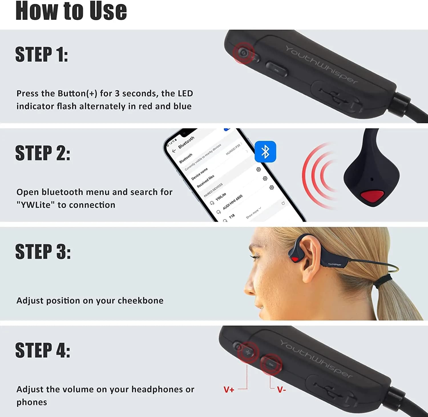 YouthWhisper Bone Conduction Headphones Bluetooth, Wireless Open-Ear Headset with Mic, Titanium Lightweight 10m Range - view 9