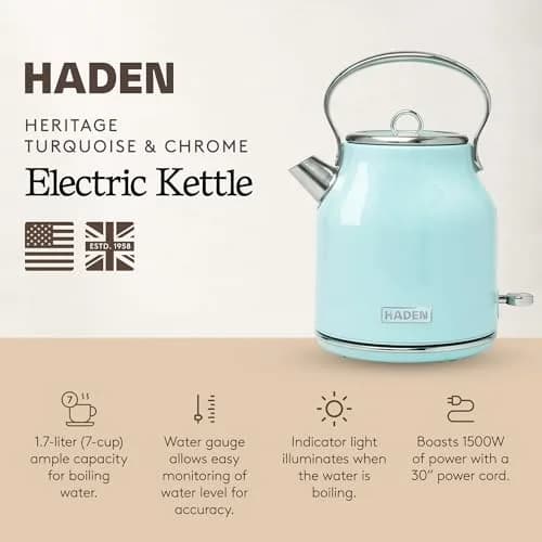 Haden Heritage 1.7 Liter Stainless Steel Retro Electric Tea Kettle with Auto Shutoff and Dry Boil Protection, Light Turquoise thumbnail 2
