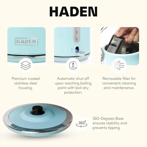 Haden Heritage 1.7 Liter Stainless Steel Retro Electric Tea Kettle with Auto Shutoff and Dry Boil Protection, Light Turquoise thumbnail 3