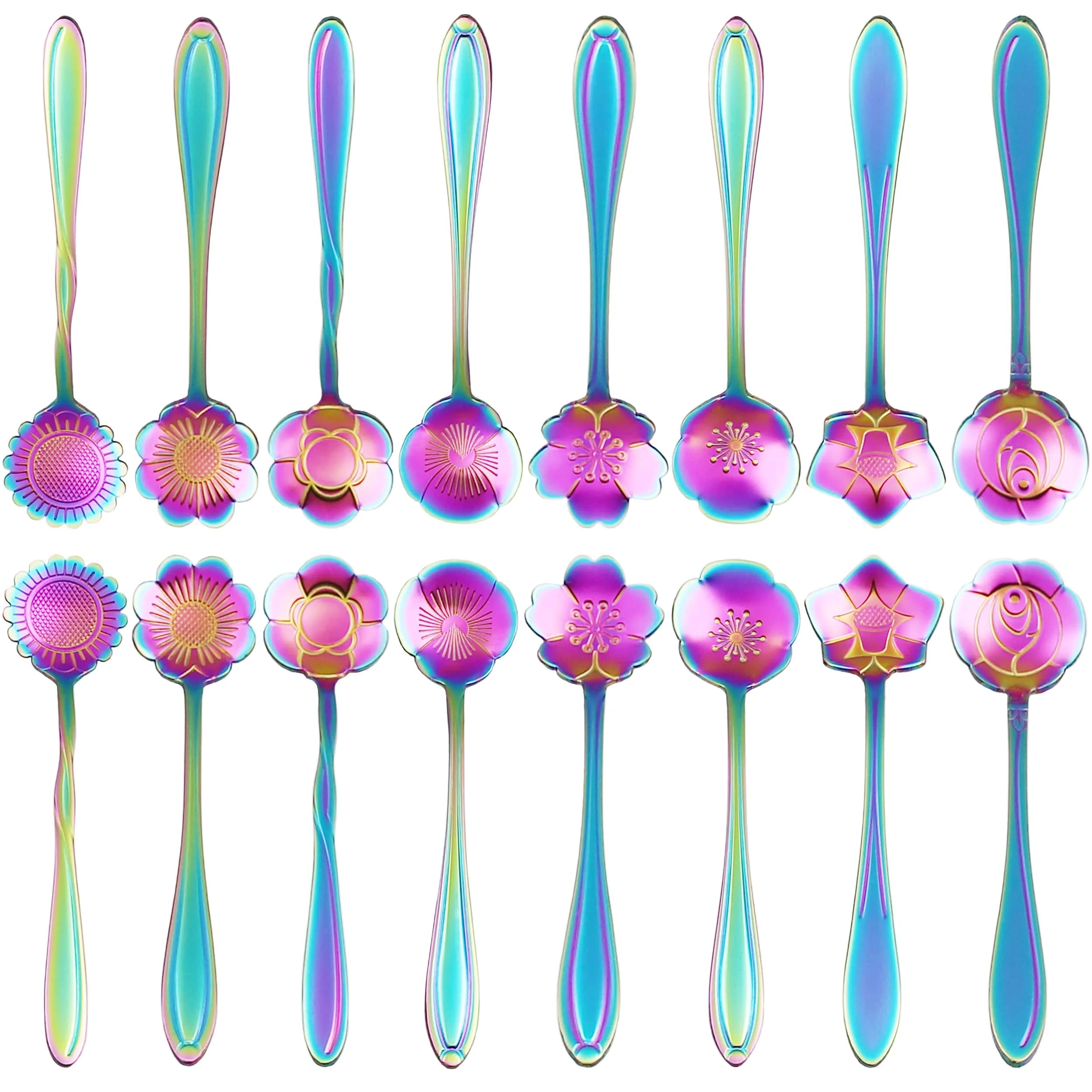 ESRISE 16 Pcs Teaspoon Tea Spoons | Stainless Steel Cute Flower Design (12.5cm) — Multicolor