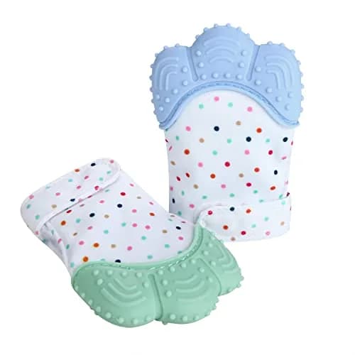 PandaEar Soothing Teething Mitten 2 Pack | Food-Grade Silicone Baby Mittens for Sore Gums (0-12 Months, Blue Green) thumbnail 1
