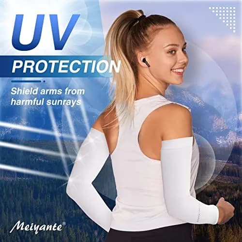 Meiyante UV Sun Protection Arm Sleeves with Thumb Holes for Women, White 39.6 cm (15.6 in) | UPF 50+ Cooling Fabric thumbnail 2