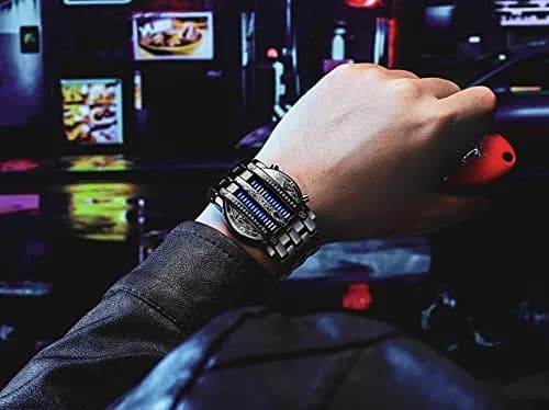 MASTOP Binary Matrix Blue LED Digital Stainless Steel Watch (Black Blue) | Unique Cyberpunk Style for Men thumbnail 4