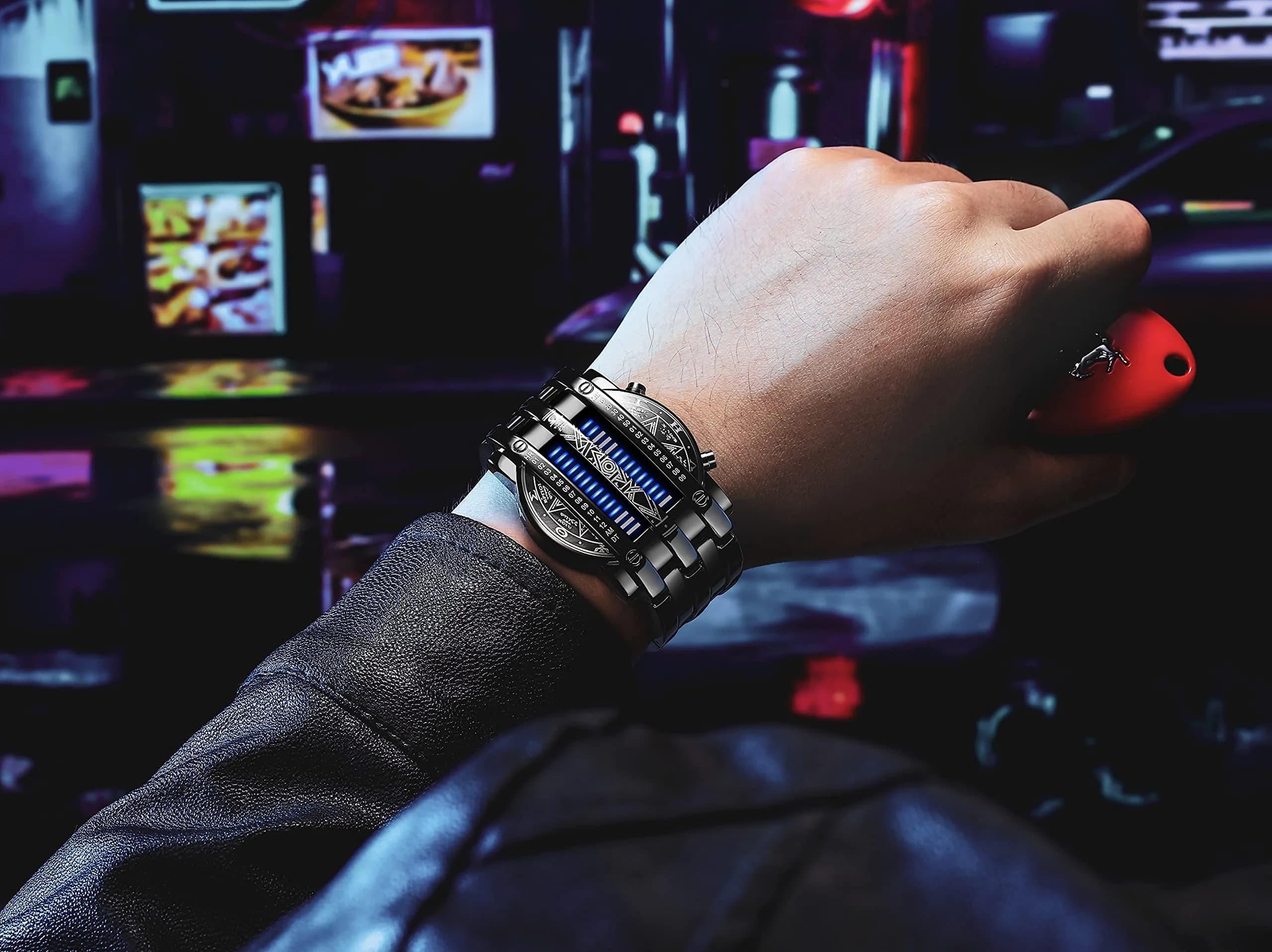 MASTOP Binary Matrix Blue LED Digital Watch Men's Black Plated with Black Blue Chip - view 4
