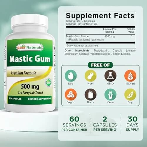 Best Naturals Mastic Gum Capsules 500 mg 120 Count | Supports Stomach & Duodenal Health thumbnail 2