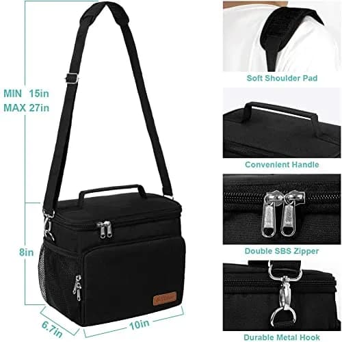 Tiblue Insulated Lunch Bag for Women/Men | Leakproof, Reusable, Thermal, Adjustable Strap (Medium,Black) thumbnail 2