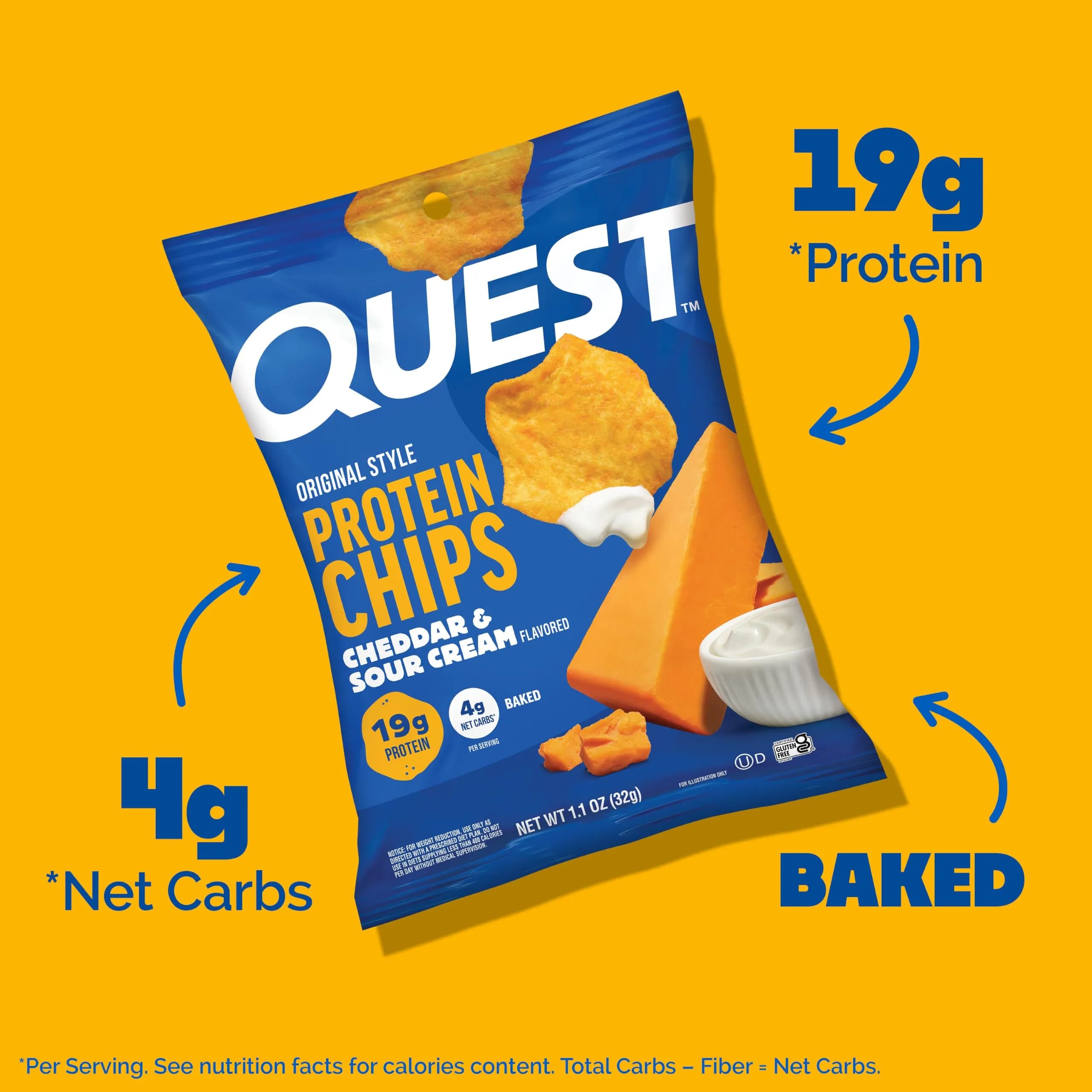 Quest Nutrition Cheddar & Sour Cream Protein Chips 1.1 oz (31g) Bags, 19g Protein, 4g Net Carbs | Gluten-Free Baked Snack - view 2
