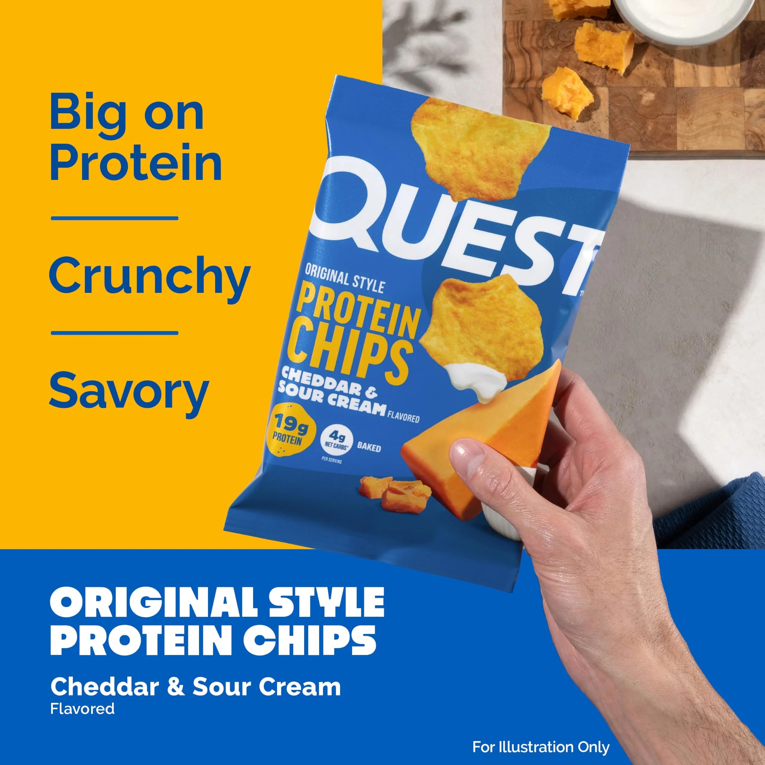 Quest Nutrition Cheddar & Sour Cream Protein Chips 1.1 oz (31g) Bags, 19g Protein, 4g Net Carbs | Gluten-Free Baked Snack - view 3