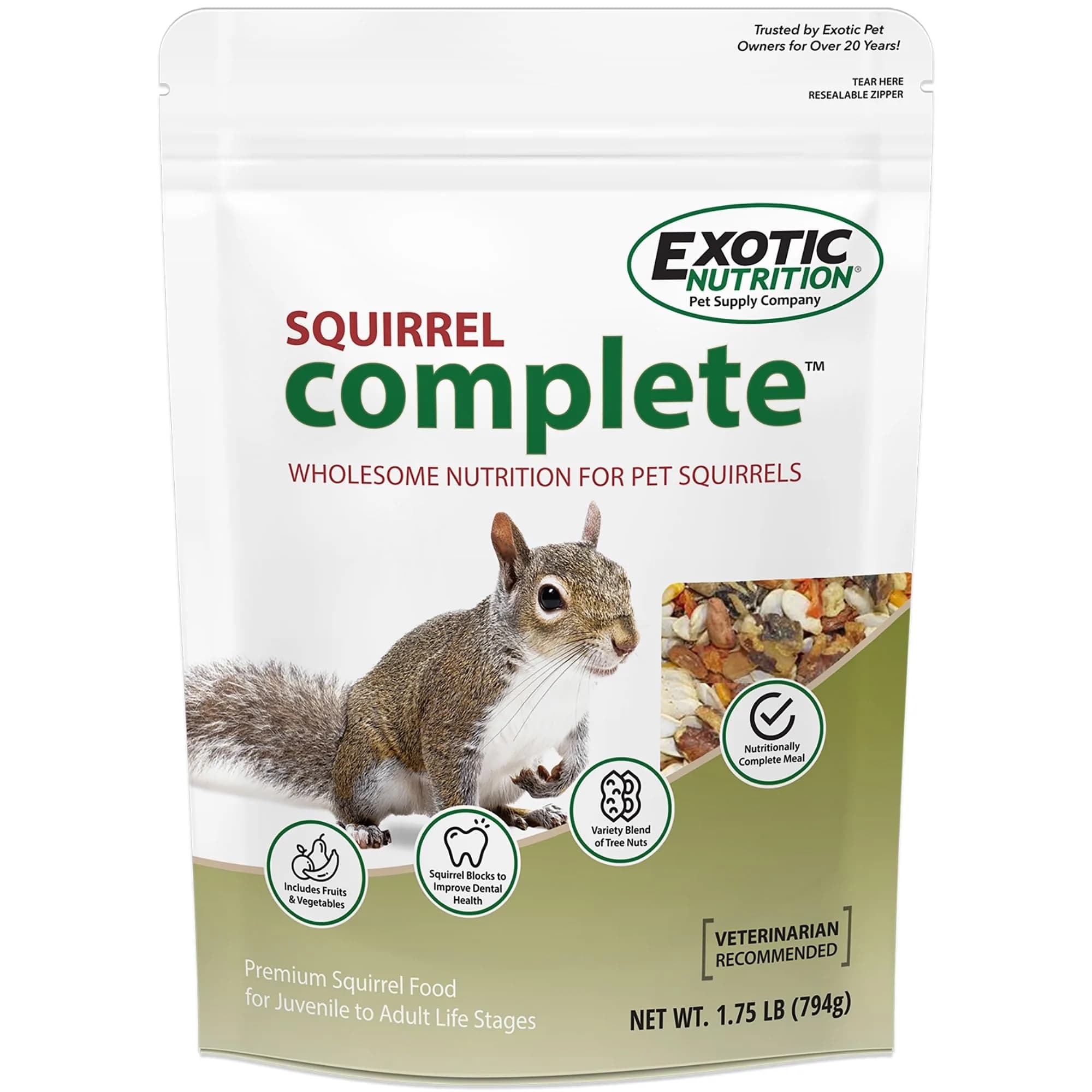 Exotic Nutrition Squirrel Complete Pet Food 1.75 lb (794 g) | Complete Natural Diet for Squirrels & Chipmunks — 1.75 Pound