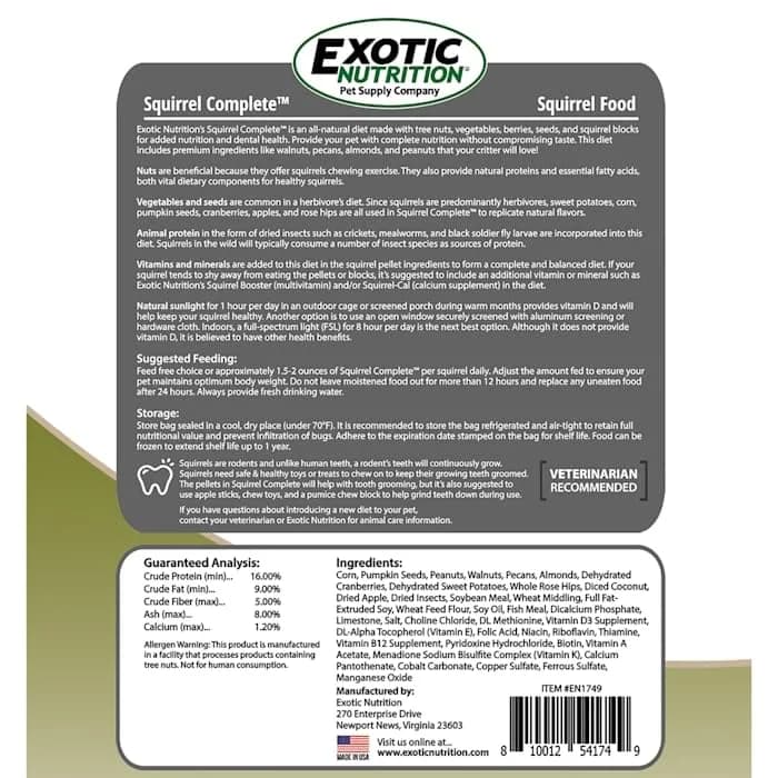 Exotic Nutrition Squirrel Complete Pet Food 1.75 lb (794 g) | Complete Natural Diet for Squirrels & Chipmunks thumbnail 7