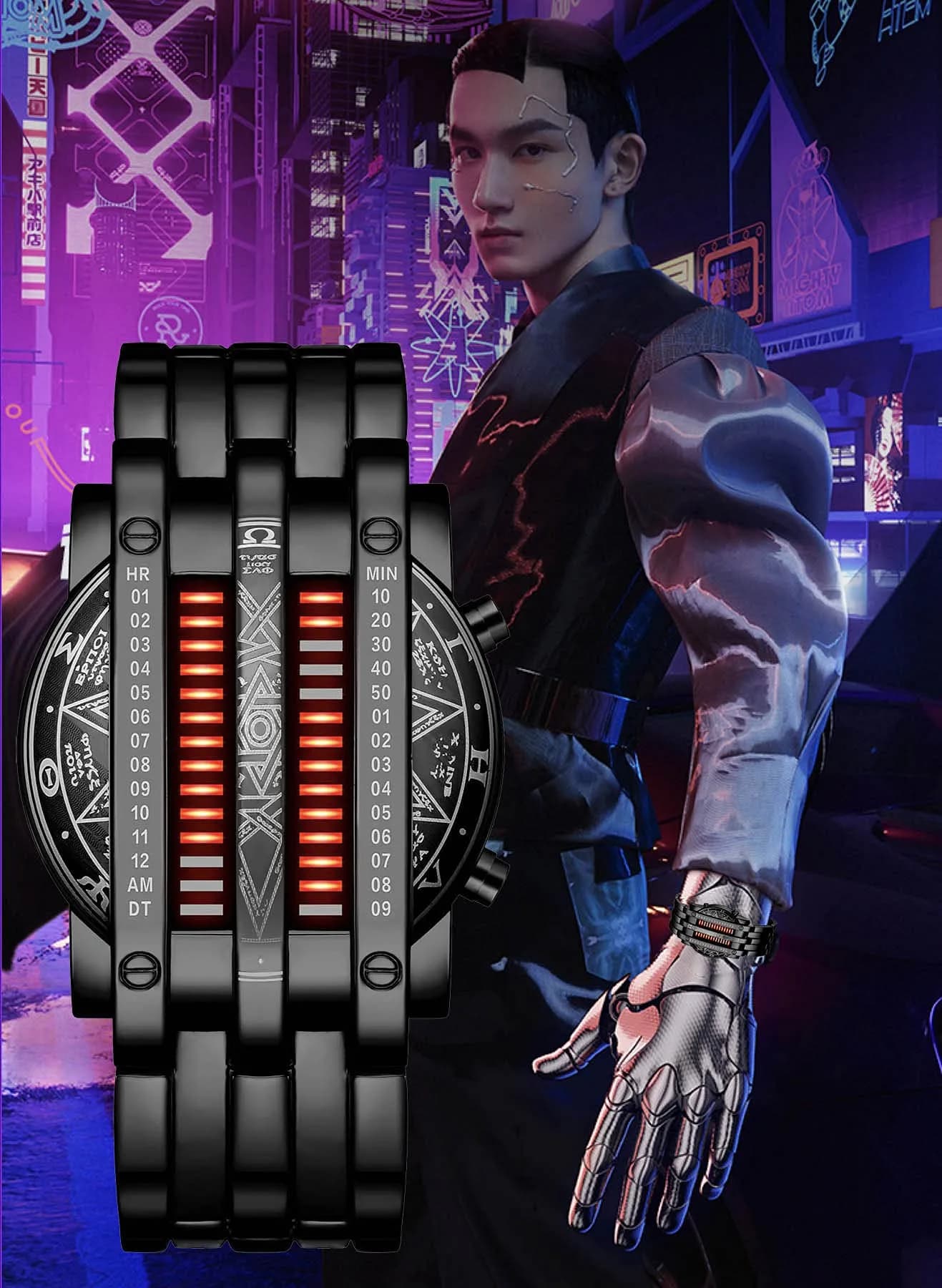 MASTOP Binary Matrix Blue LED Digital Watch Men's Classic Fashion Black Plated Wrist Watch 43mm (Black Red) - view 6