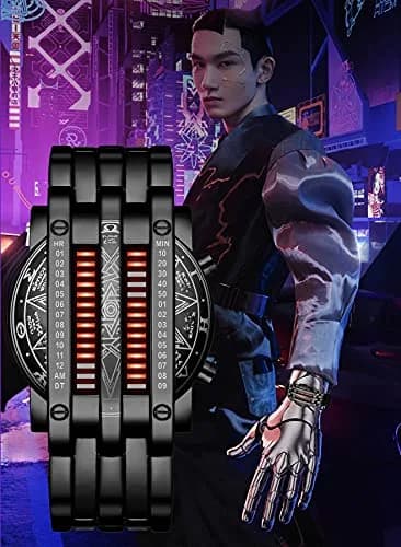 MASTOP Binary Matrix Blue LED Digital Watch Men's Classic Fashion Black Plated Wrist Watch 43mm (Black Red) thumbnail 6