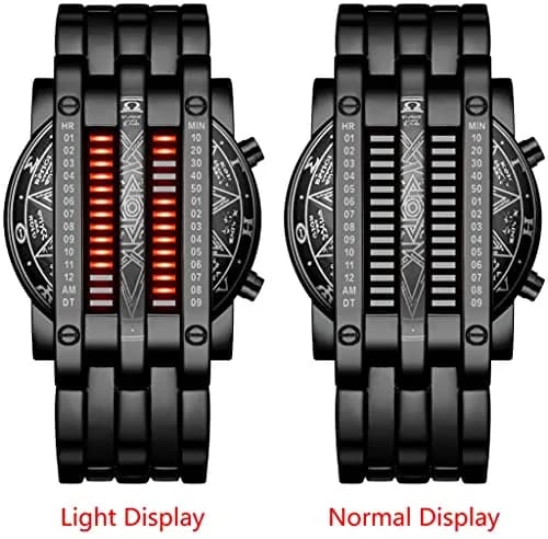 MASTOP Binary Matrix Blue LED Digital Watch Men's Classic Fashion Black Plated Wrist Watch 43mm (Black Red) thumbnail 2