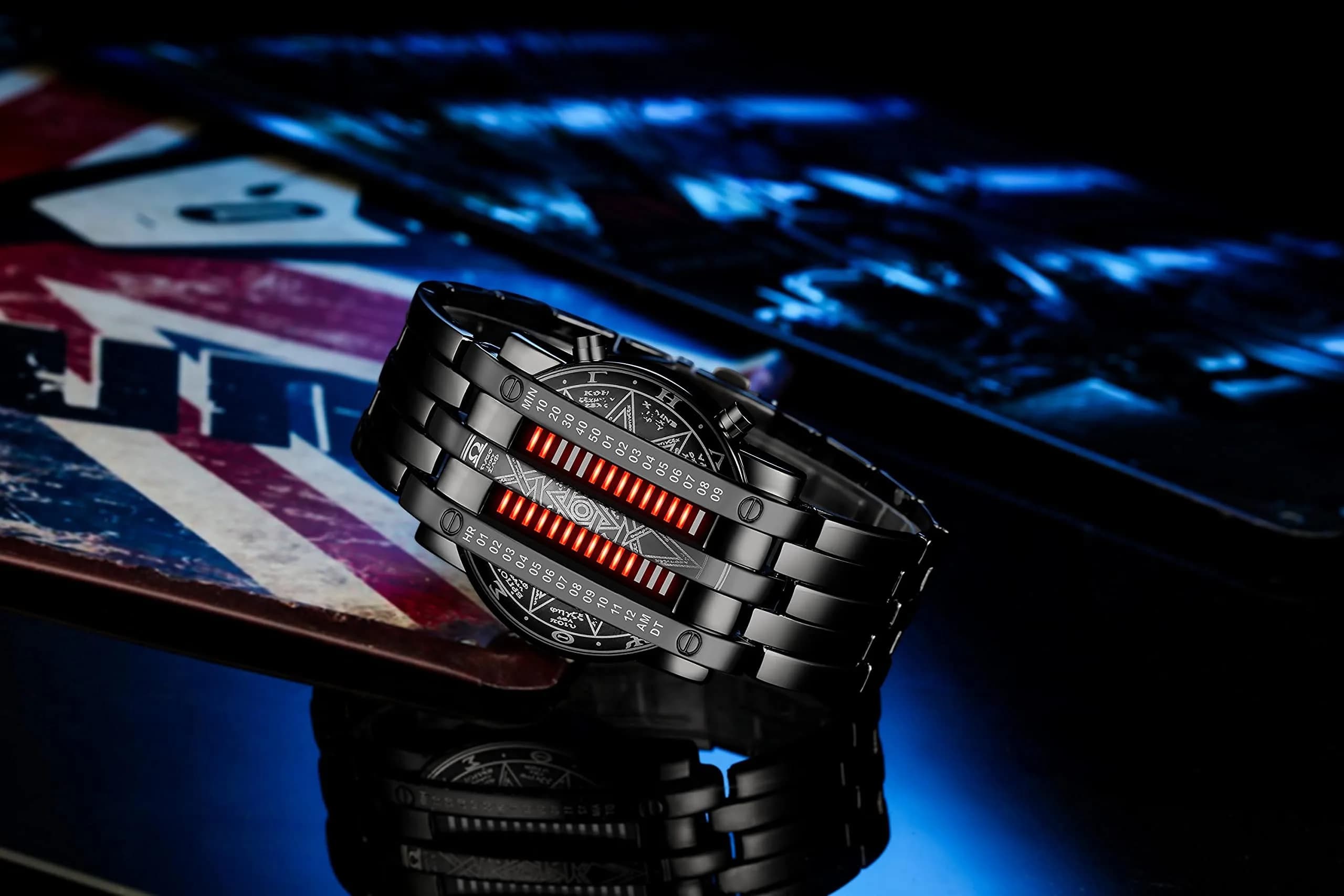 MASTOP Binary Matrix Blue LED Digital Watch Men's Classic Fashion Black Plated Wrist Watch 43mm (Black Red) - view 4