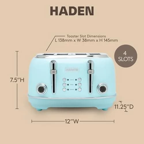 Haden Heritage 4 Slice Wide Slot Stainless Steel Toaster with Adjustable Browning & Non-Slip Feet, Turquoise & Chrome | Classic Design & Modern Features thumbnail 4