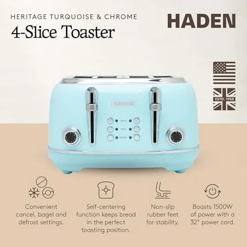 Haden Heritage 4 Slice Wide Slot Stainless Steel Toaster with Adjustable Browning & Non-Slip Feet, Turquoise & Chrome | Classic Design & Modern Features thumbnail 2