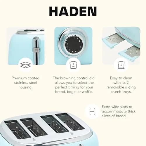 Haden Heritage 4 Slice Wide Slot Stainless Steel Toaster with Adjustable Browning & Non-Slip Feet, Turquoise & Chrome | Classic Design & Modern Features thumbnail 3
