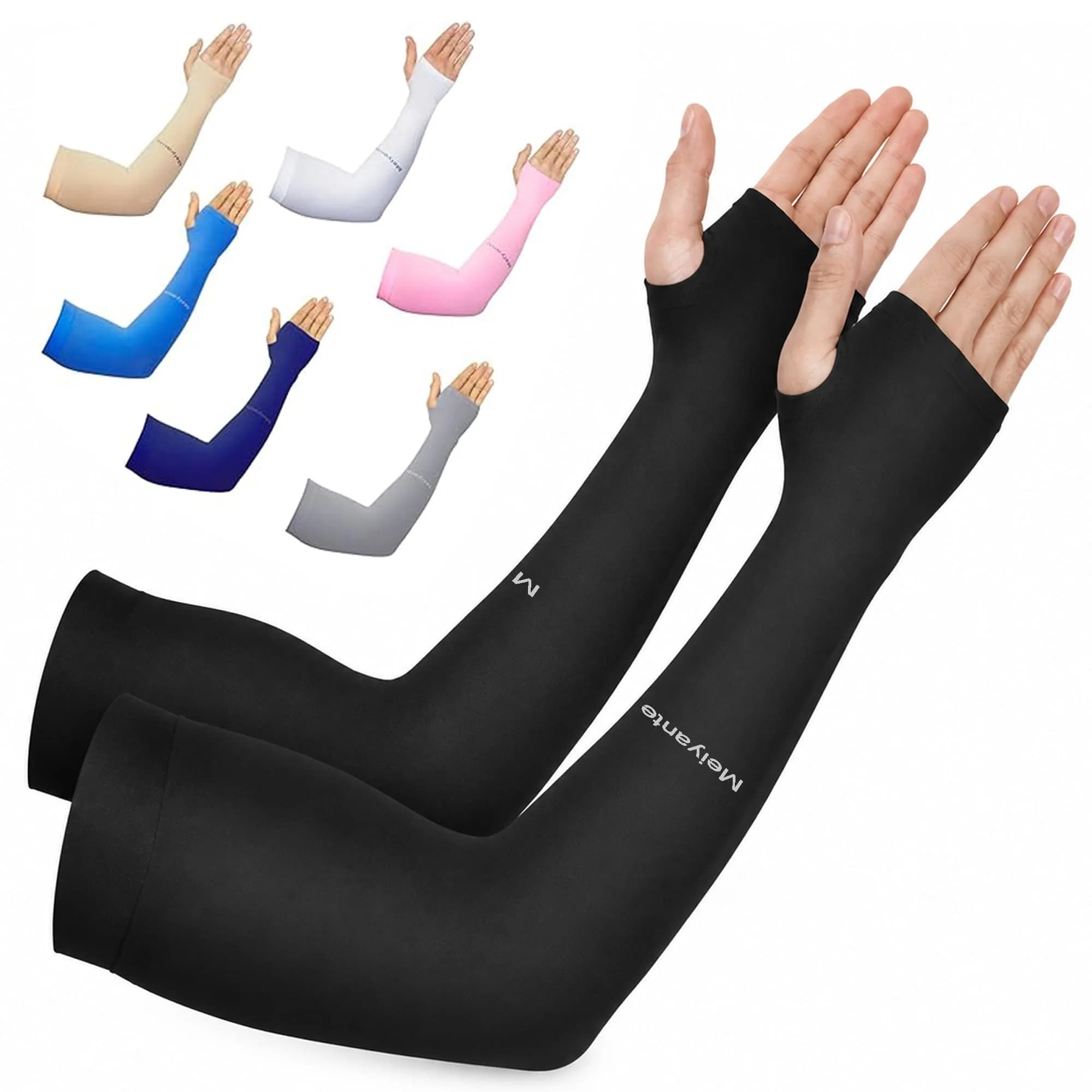 Meiyante Black Arm Sleeves with Thumb Holes & Palm Coverage | UPF 50+ Sun Protection for Men & Women - main product image