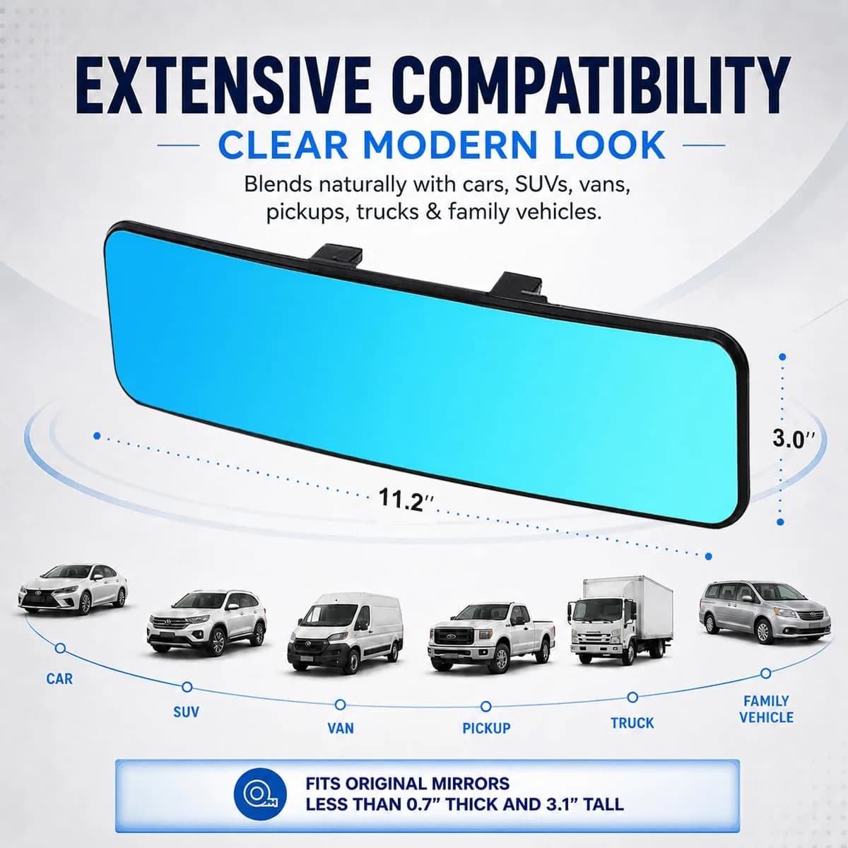 SkycropHD Blue Anti Glare Wide Angle Car Rearview Mirror 29.5cm (11.6'') | Reduces Blind Spots & Headlight Glare - view 7