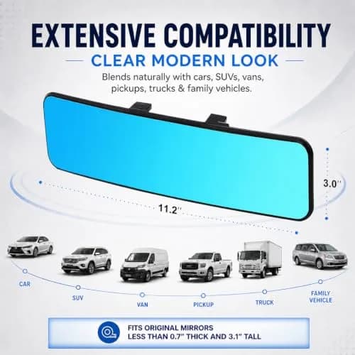 SkycropHD Blue Anti Glare Wide Angle Car Rearview Mirror 29.5cm (11.6'') | Reduces Blind Spots & Headlight Glare thumbnail 7